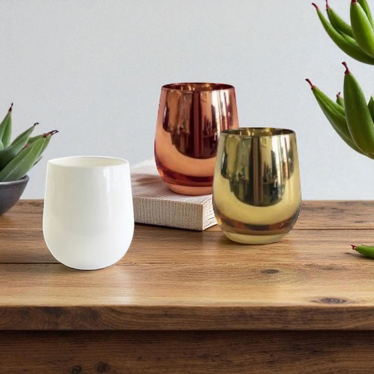 Renee Stemless Glass candle jars – sleek, contemporary design blending luxury with hippy chic. Available in different colours and fragrances in Bathurst NSW.