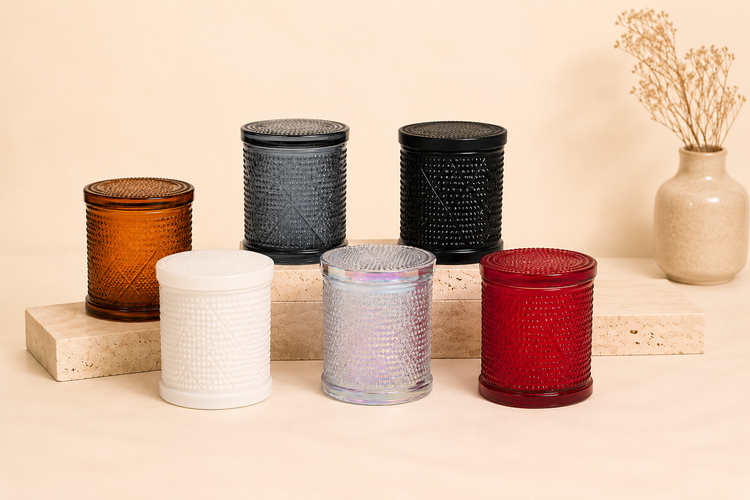 Signature Diamond Monaco candle jars – high-clarity glass with diamond-cut finish and matching lids. Available in multiple sizes, colours and fragrances in Bathurst & Central West NSW.