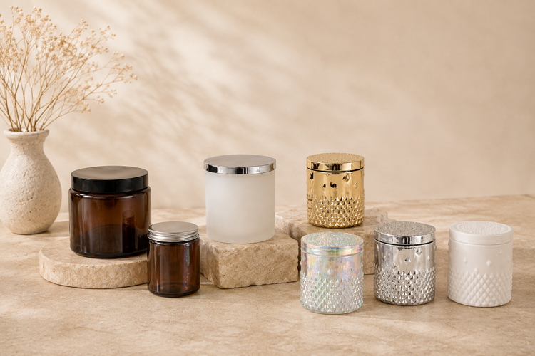 Sealed Collection candle jars – amber with black lids, pearl studded vessels and frosted jars with silver lids. Elegant designs, scents and colours available in Bathurst NSW.