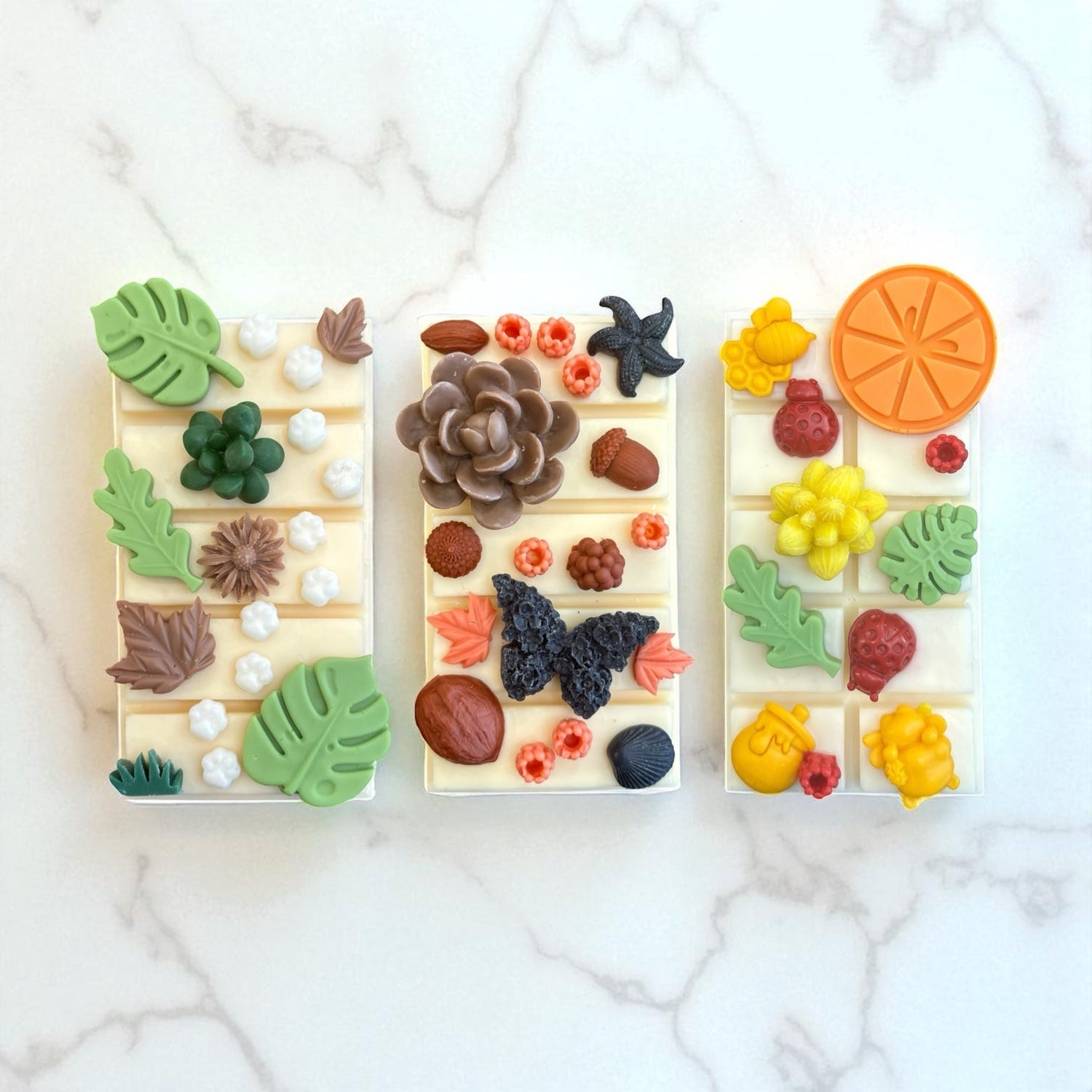 Melts Collection – fragranced and decorated wax melts styled like white chocolate blocks, custom scented and colour matched to décor. Available in Bathurst & Central West NSW.