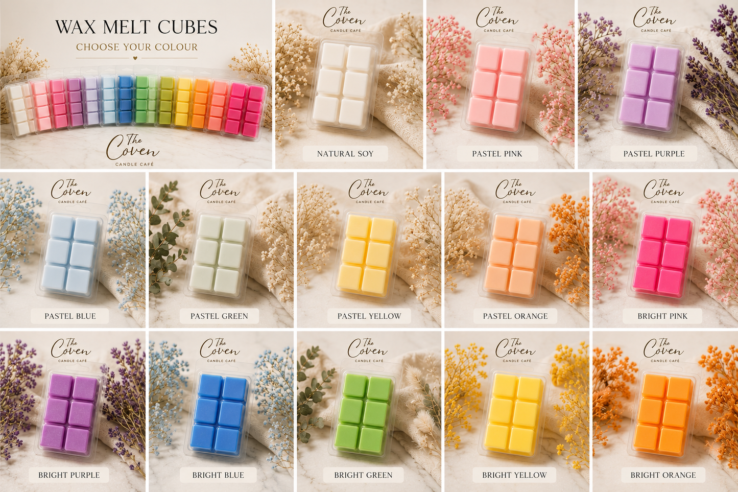 Group showing all Wax Melt Cubes colour options in Natural Soy, Pastel and Bright shades – The Coven Bx