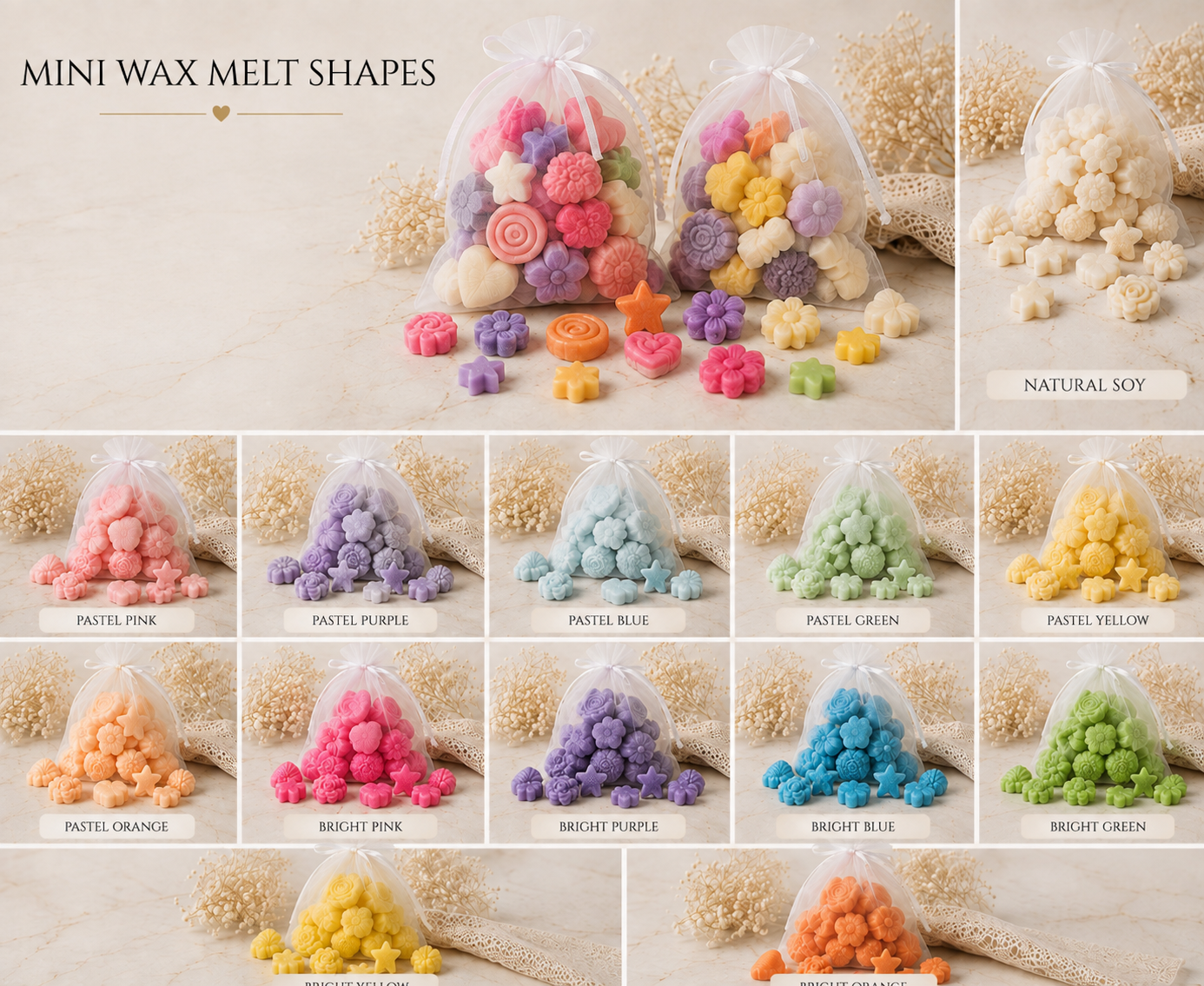 Group showing all Mini Wax Melt Shapes colour options in assorted shapes and organza bags – The Coven Bx