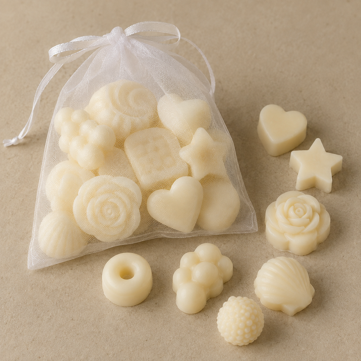 Natural Soy Mini Wax Melt Shapes in assorted designs and organza bag – The Coven Bx