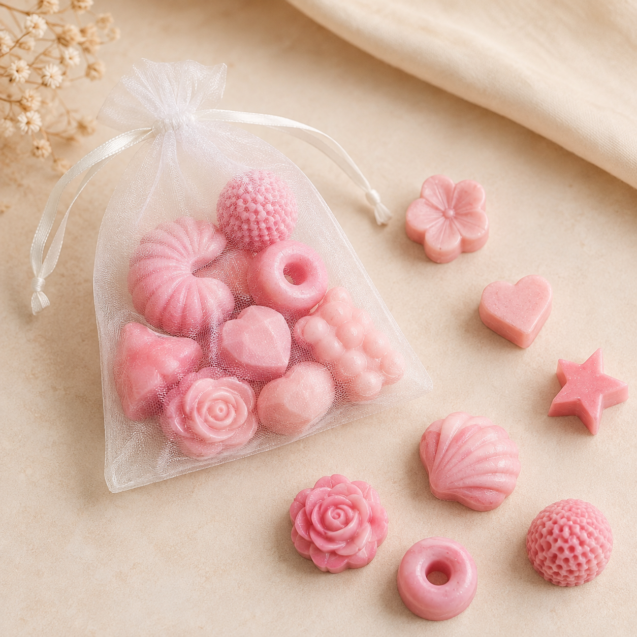Pastel Pink Mini Wax Melt Shapes in assorted designs and organza bag – The Coven Bx