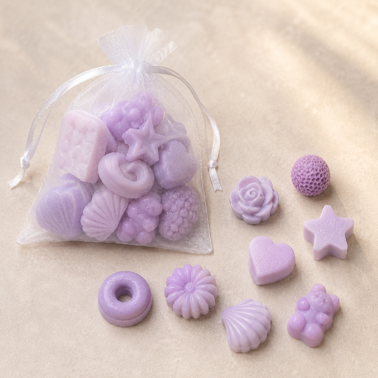 Pastel Purple Mini Wax Melt Shapes in assorted designs and organza bag – The Coven Bx