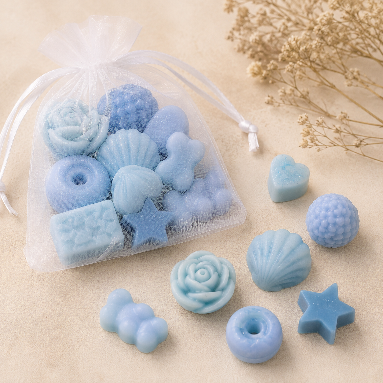 Pastel Blue Mini Wax Melt Shapes in assorted designs and organza bag – The Coven Bx