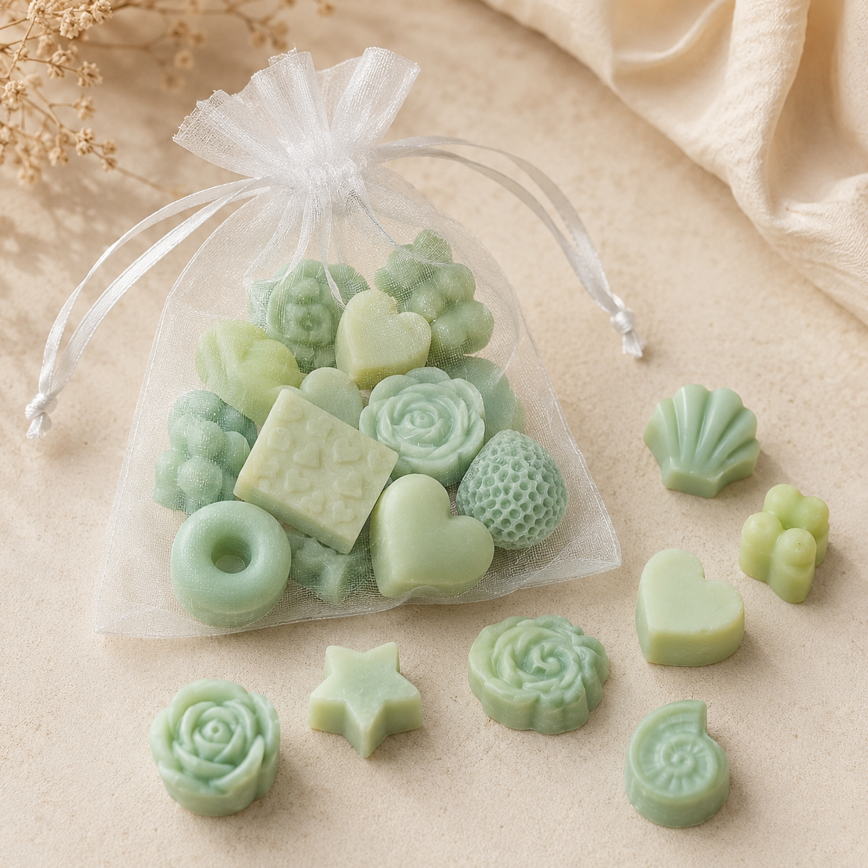 Pastel Green Mini Wax Melt Shapes in assorted designs and organza bag – The Coven Bx