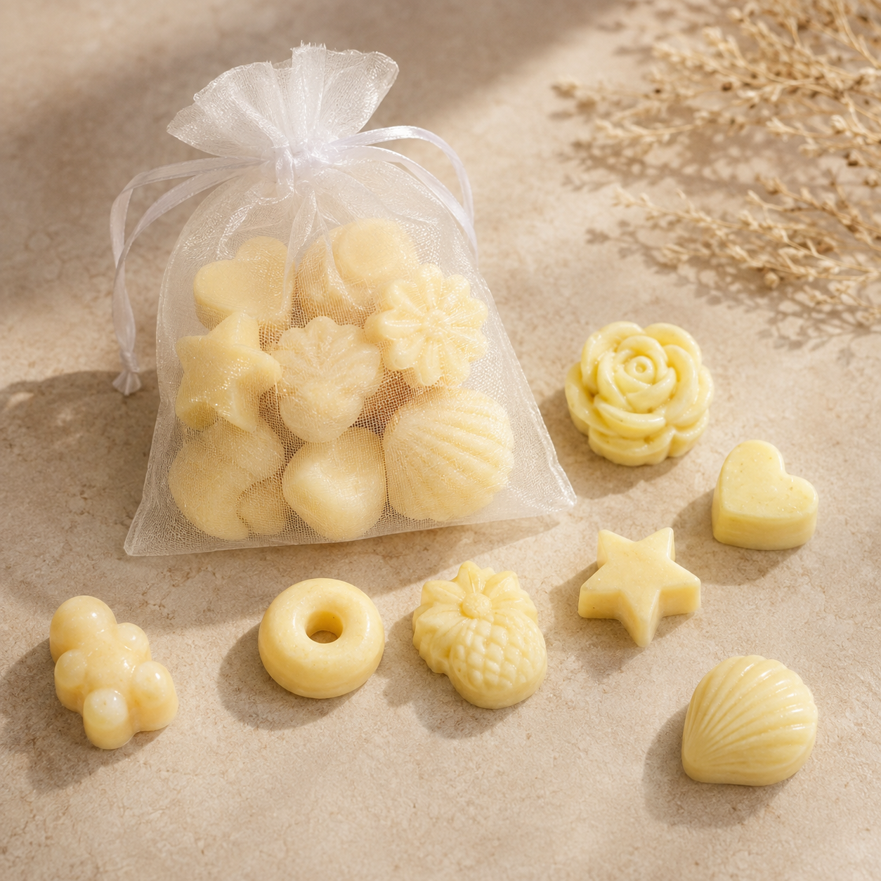 Pastel Yellow Mini Wax Melt Shapes in assorted designs and organza bag – The Coven Bx