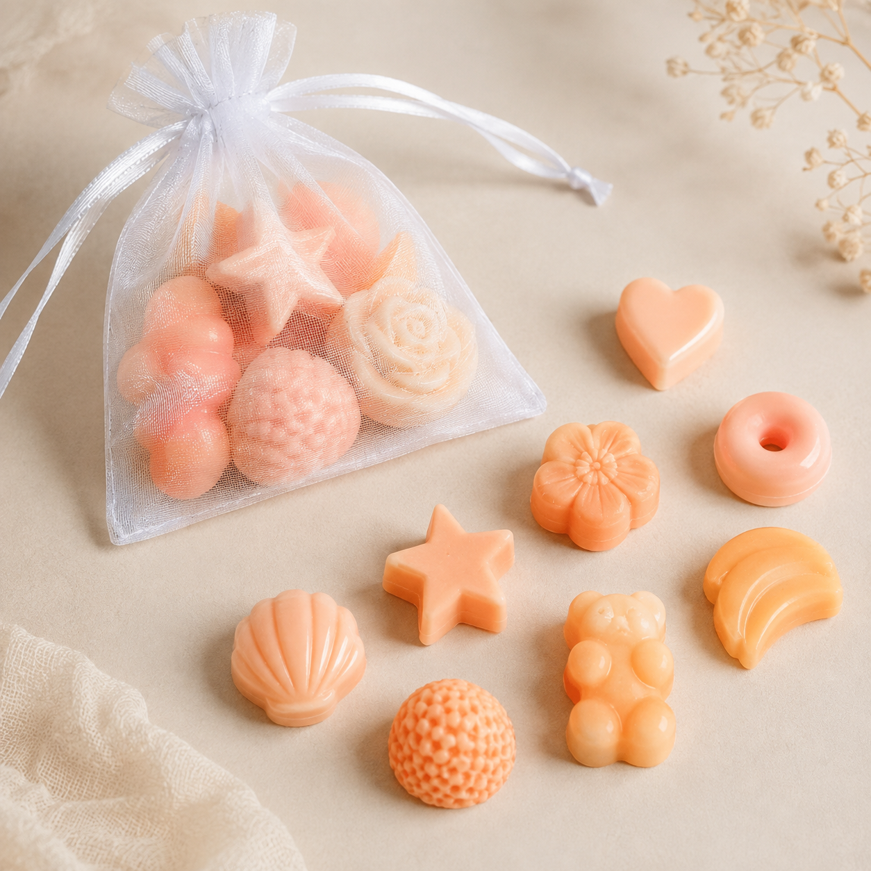 Pastel Orange Mini Wax Melt Shapes in assorted designs and organza bag – The Coven Bx