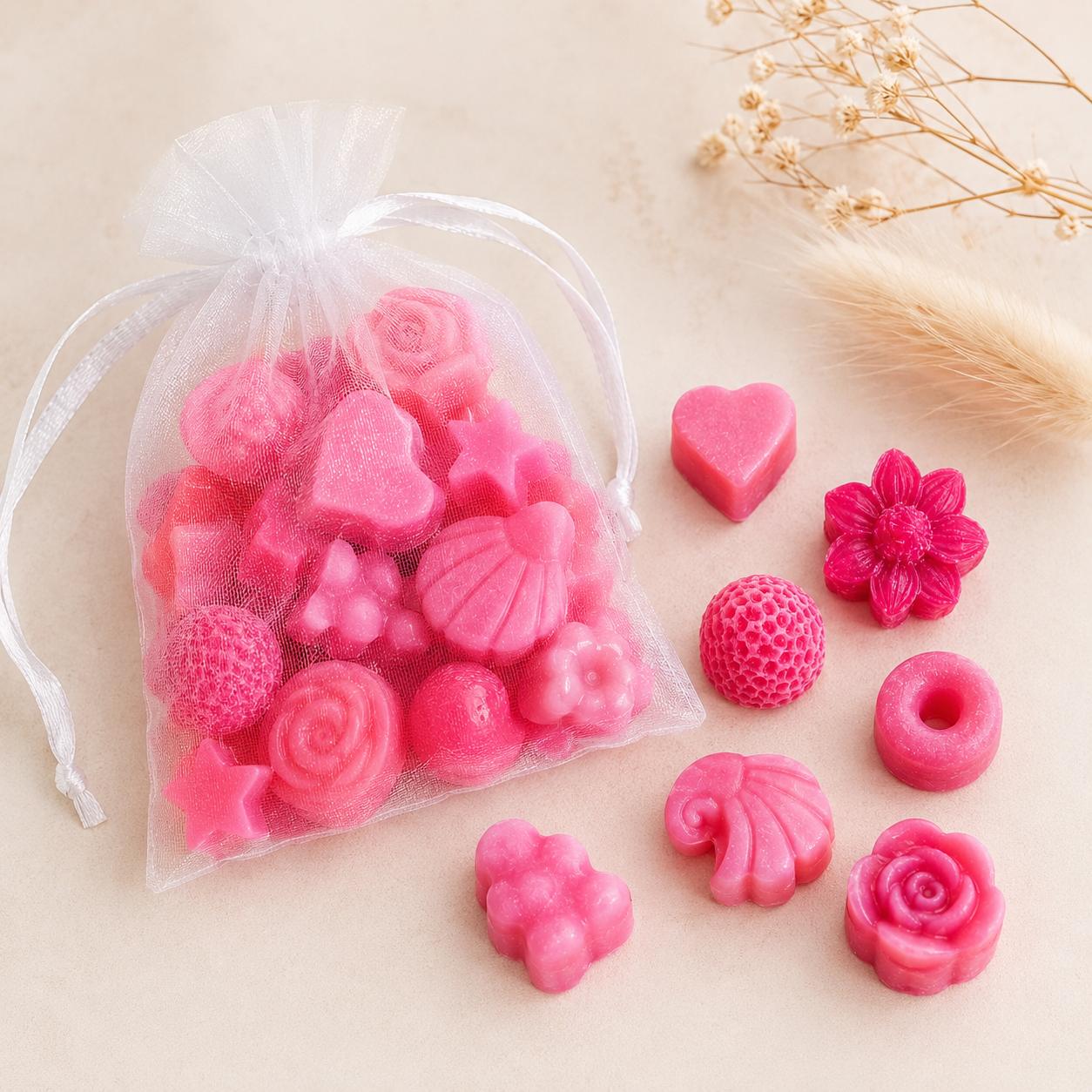 Bright Pink Mini Wax Melt Shapes in assorted designs and organza bag – The Coven Bx