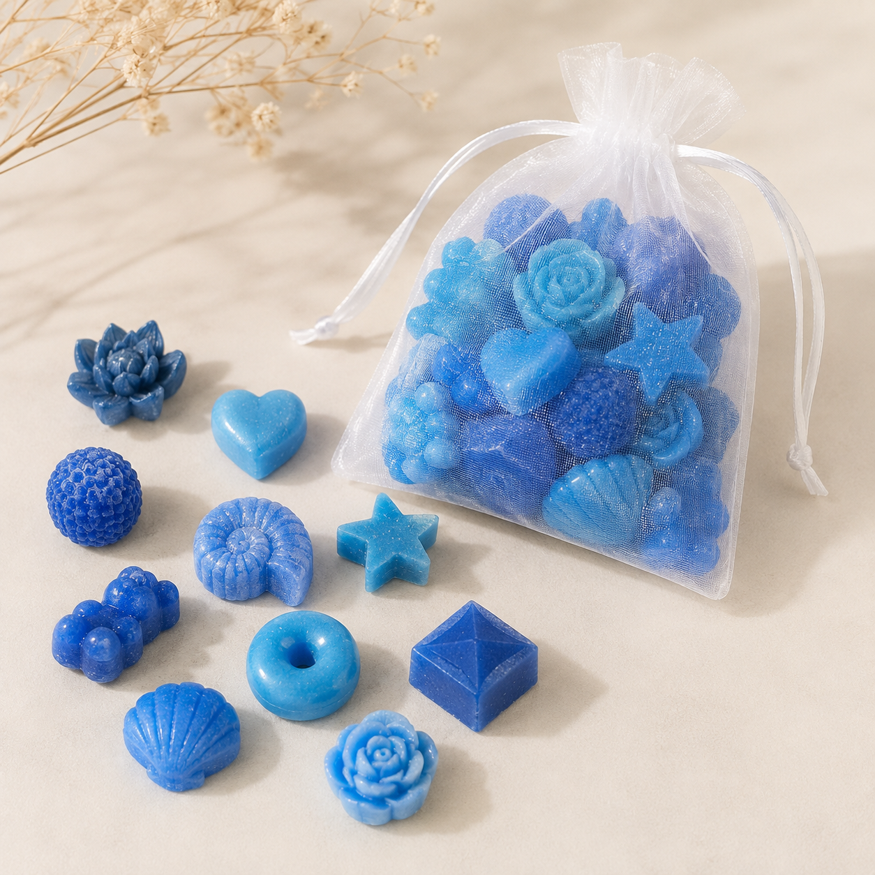Bright Blue Mini Wax Melt Shapes in assorted designs and organza bag – The Coven Bx