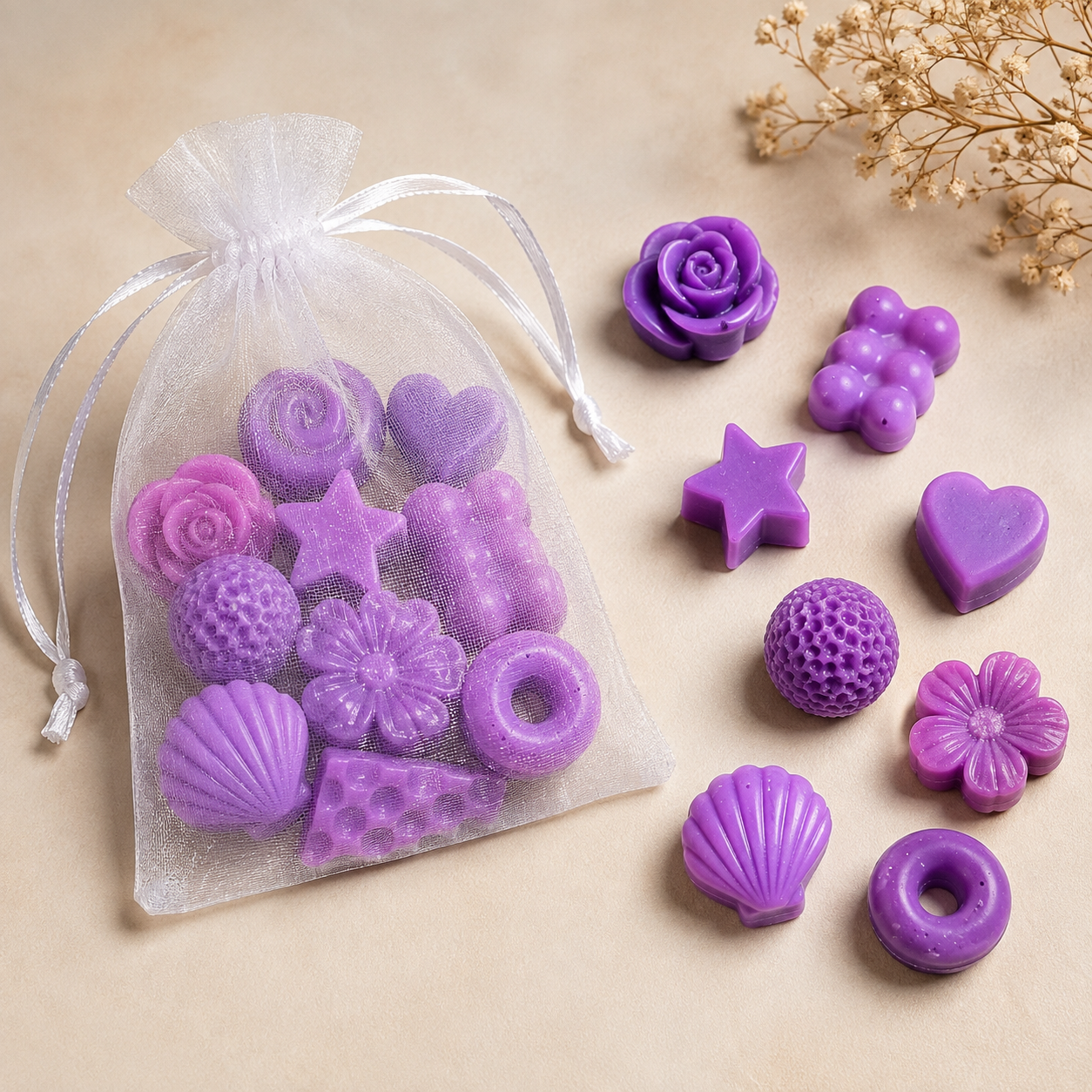 Bright Purple Mini Wax Melt Shapes in assorted designs and organza bag – The Coven Bx