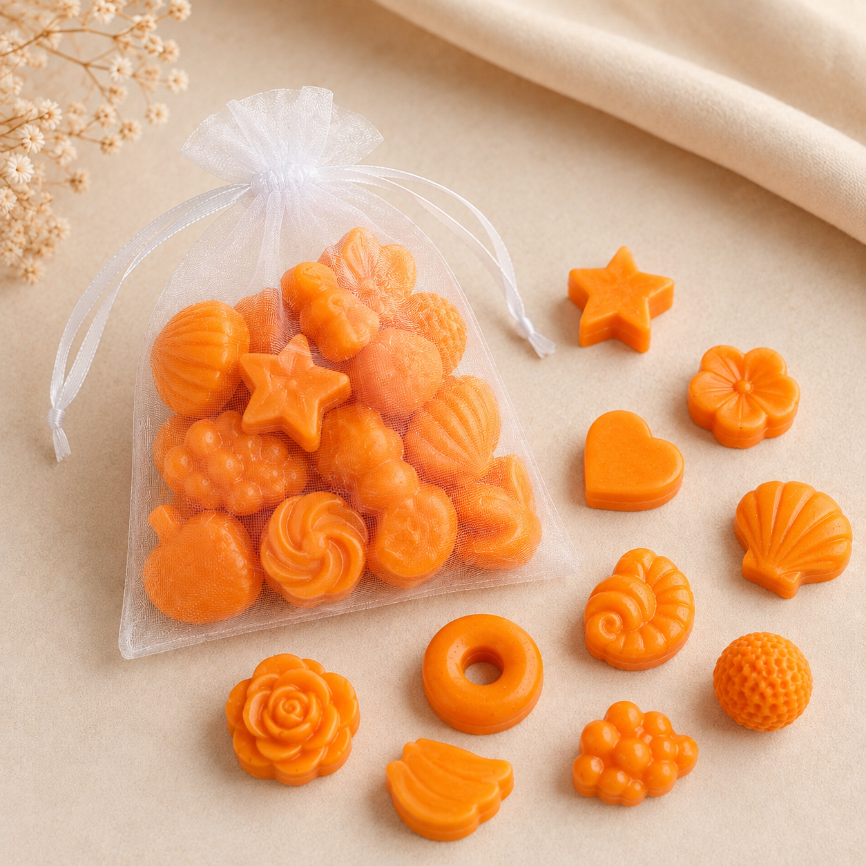 Bright Orange Mini Wax Melt Shapes in assorted designs and organza bag – The Coven Bx