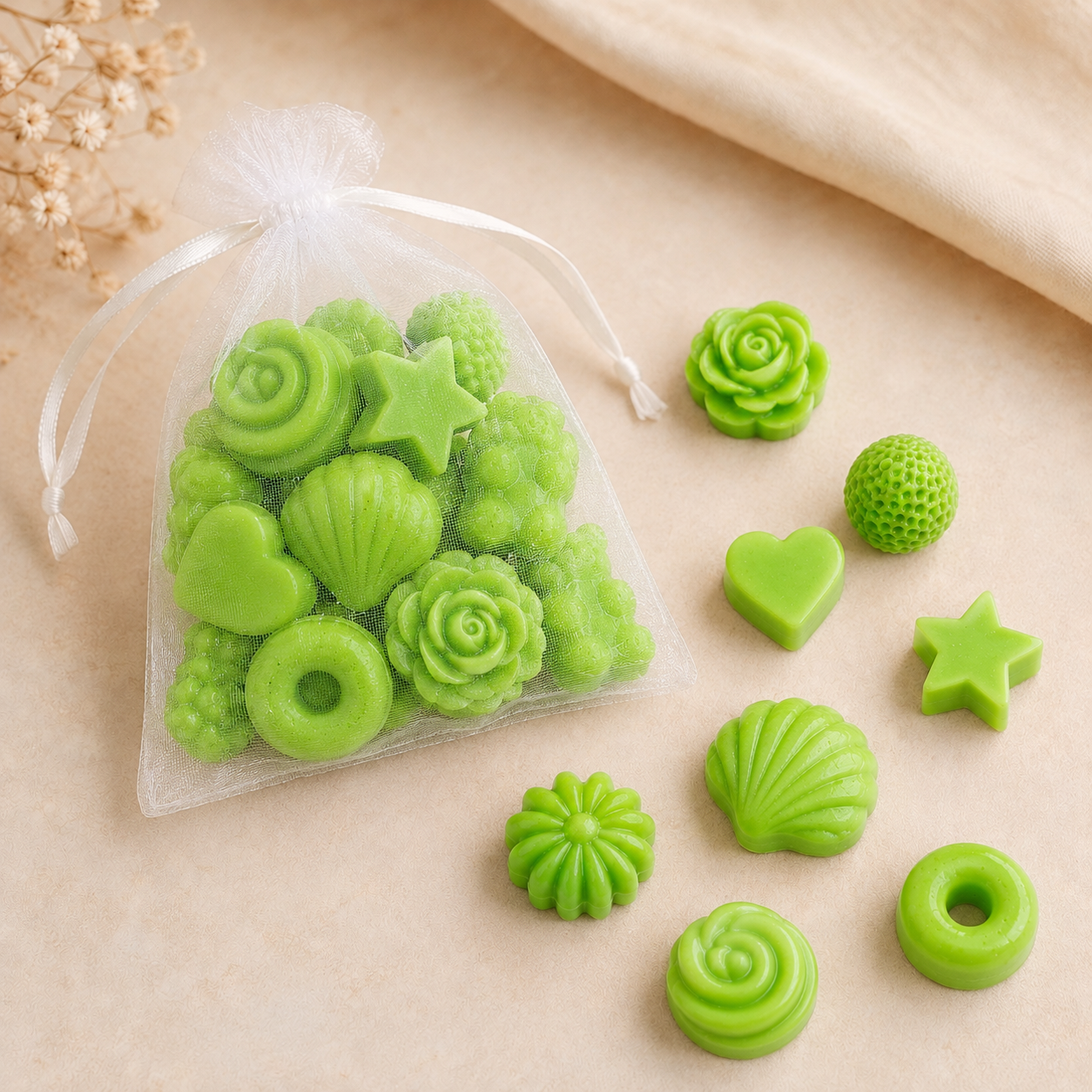 Bright Green Mini Wax Melt Shapes in assorted designs and organza bag – The Coven Bx