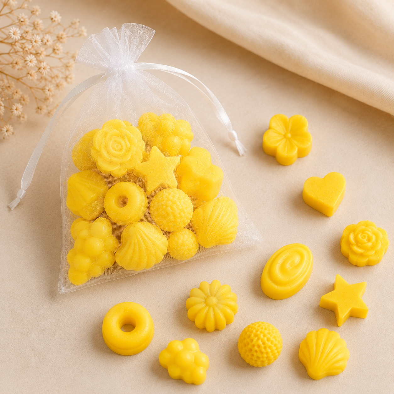 Bright Yellow Mini Wax Melt Shapes in assorted designs and organza bag – The Coven Bx