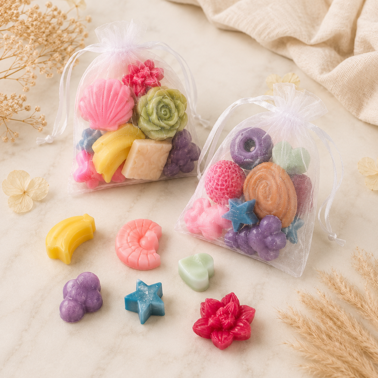 Mini Wax Melt Shapes in assorted colours and organza bags Group