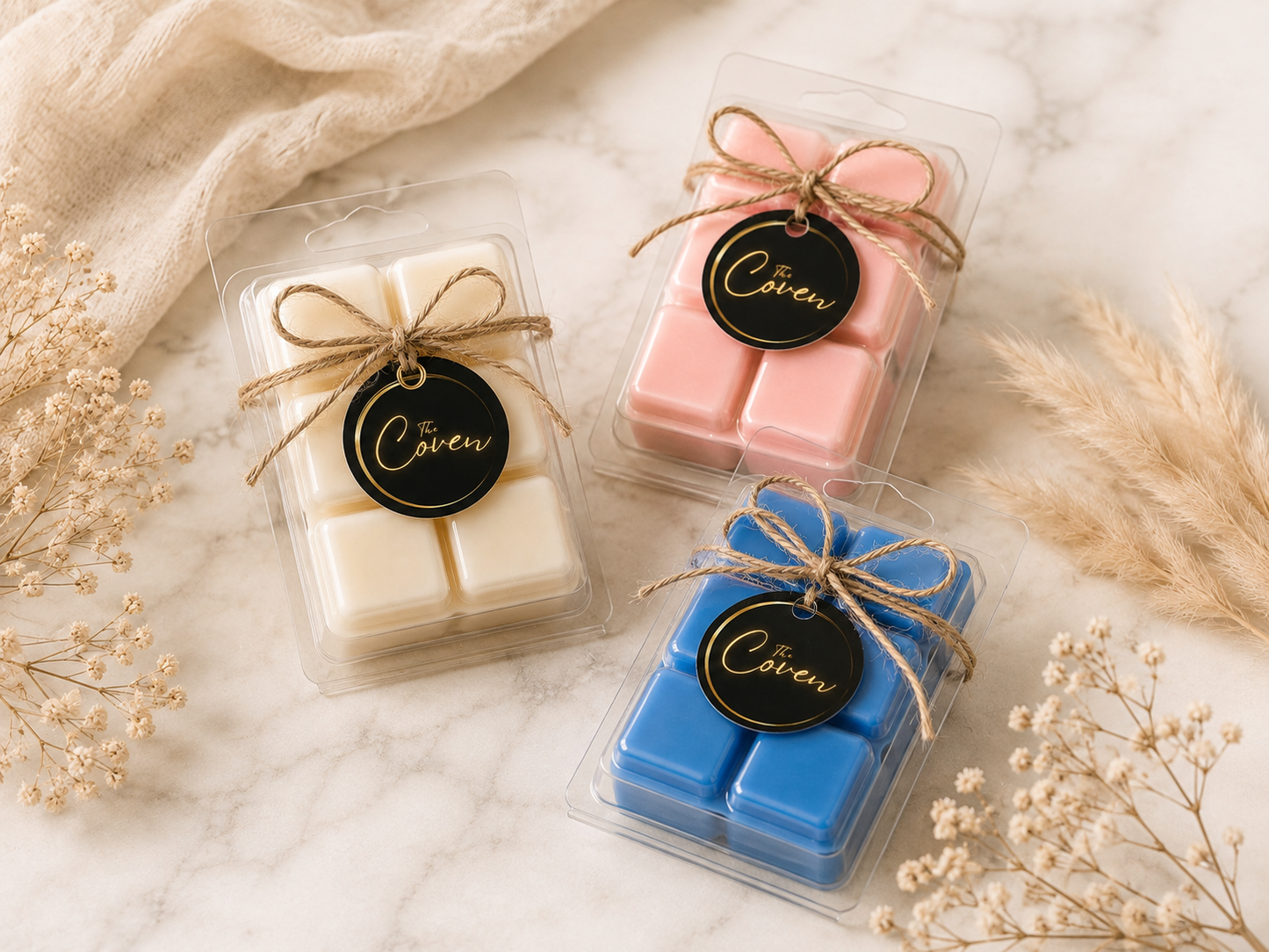 Wax Melt Cubes showing Natural Soy, Pastel and Bright colour options Group