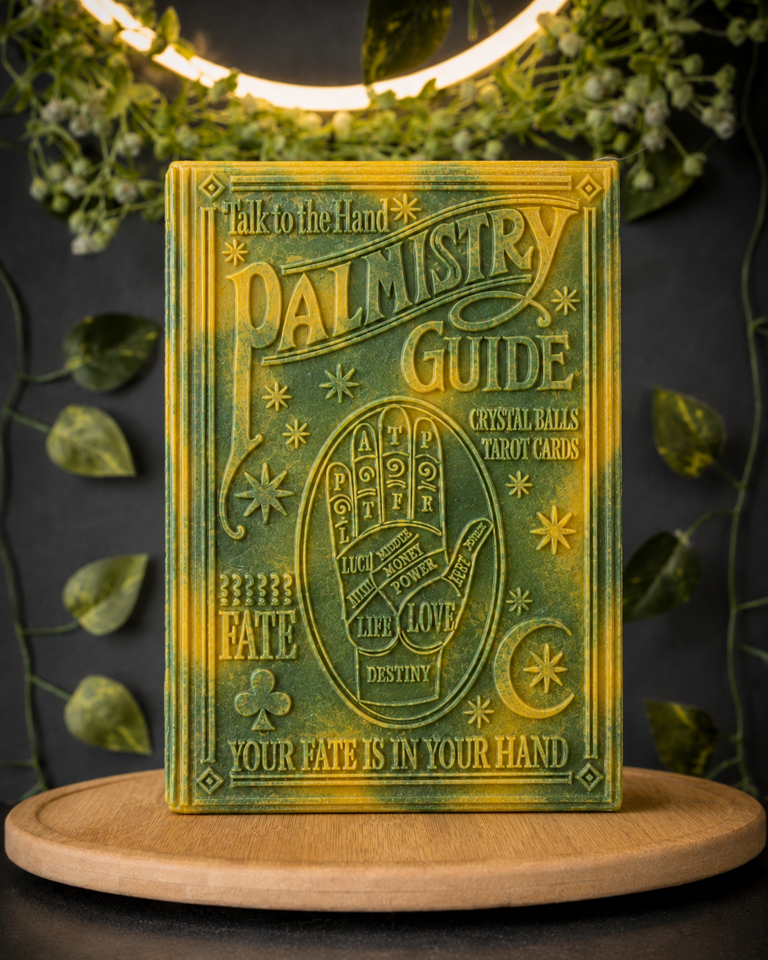 Green and Yellow Palmistry Guide Book Candle – The Coven Bx