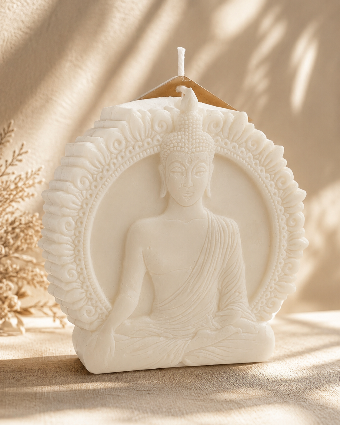 Front view of Natural Soy Buddha Relief Candle – The Coven Bx